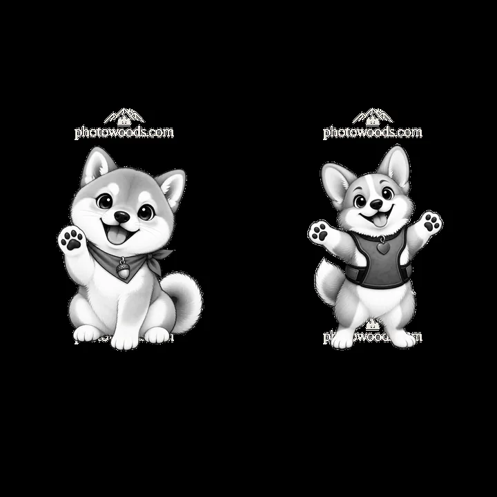 Cute K-9 dogs waving with accessories in black and white style - AI-generated stock image