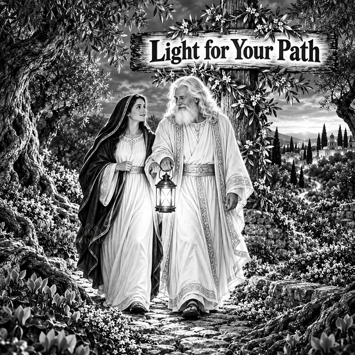 Jesus Christ walking with a woman on a scenic path - AI-generated stock image
