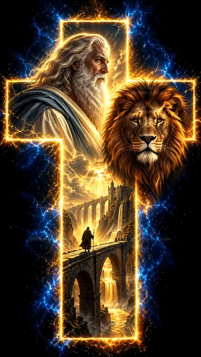 Jesus Christ with lion and majestic landscape - AI-generated stock image