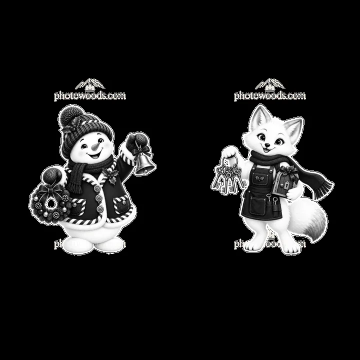 Snowman and fox holding Christmas decorations and keys - AI-generated stock image