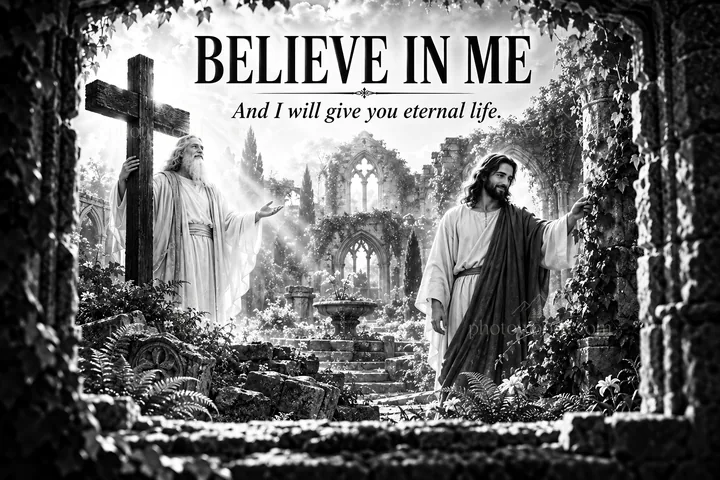 Jesus Christ offering eternal life in a serene garden setting - AI-generated stock image
