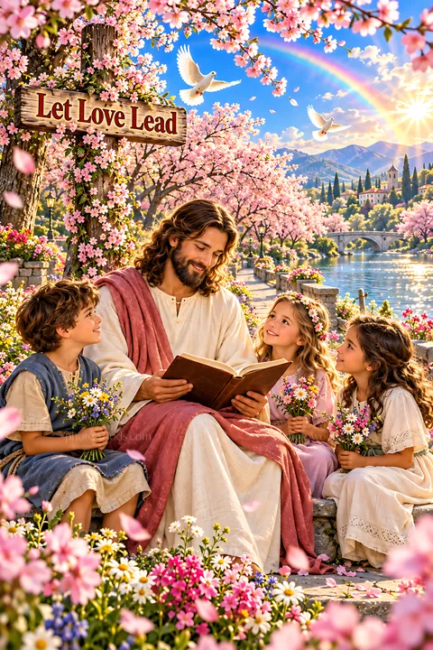 Faith beneath the cherry blossoms with children and Jesus - AI-generated stock image