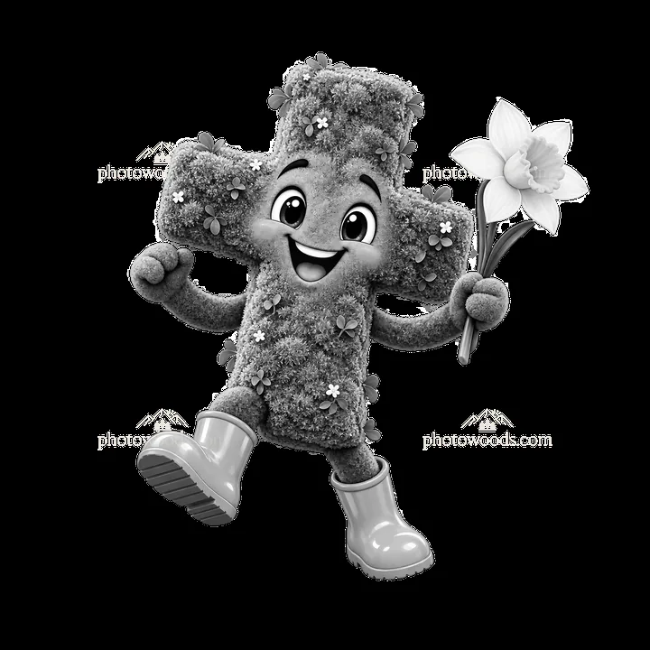 Easter cross character holding flower and wearing rubber boots - AI-generated stock image
