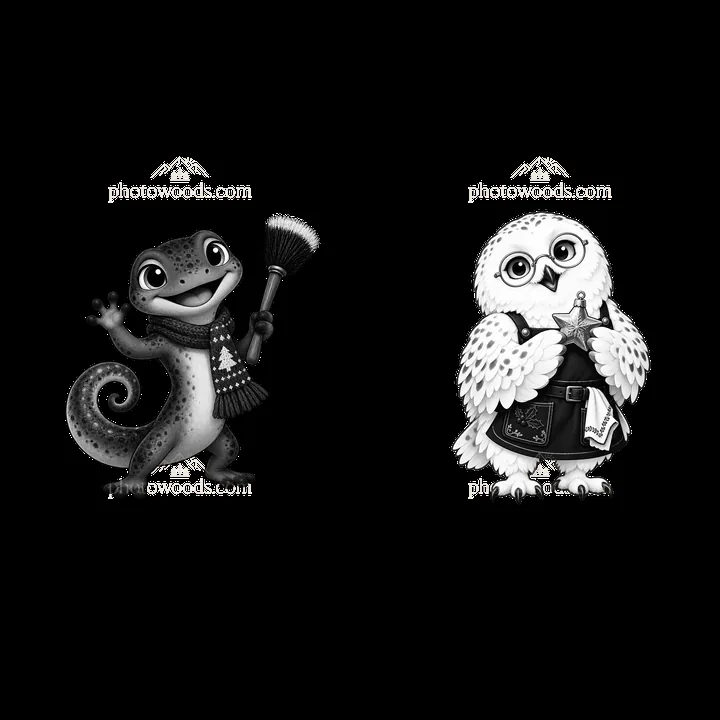 Cartoon gecko and owl preparing for Christmas near fireplace - AI-generated stock image