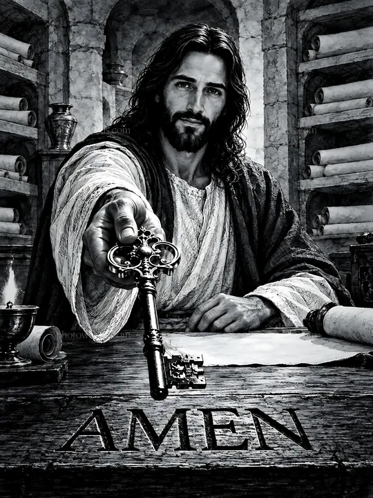 Man offering a key with the word amen in a library setting - AI-generated stock image
