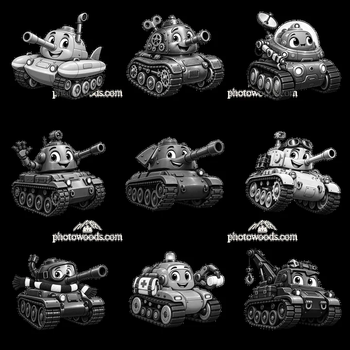Cartoon tanks with friendly faces in a 3x3 arrangement - AI-generated stock image