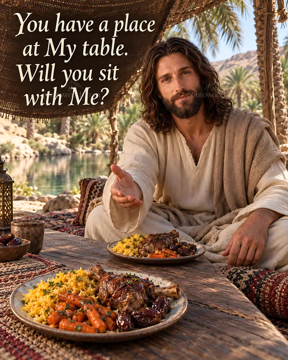 Dinner beside the desert oasis with inviting table setting - AI-generated stock image