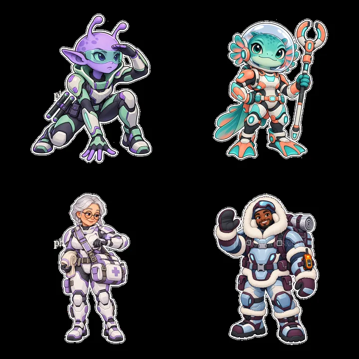 Kawaii futuristic super-soldiers in four unique designs - AI-generated stock image