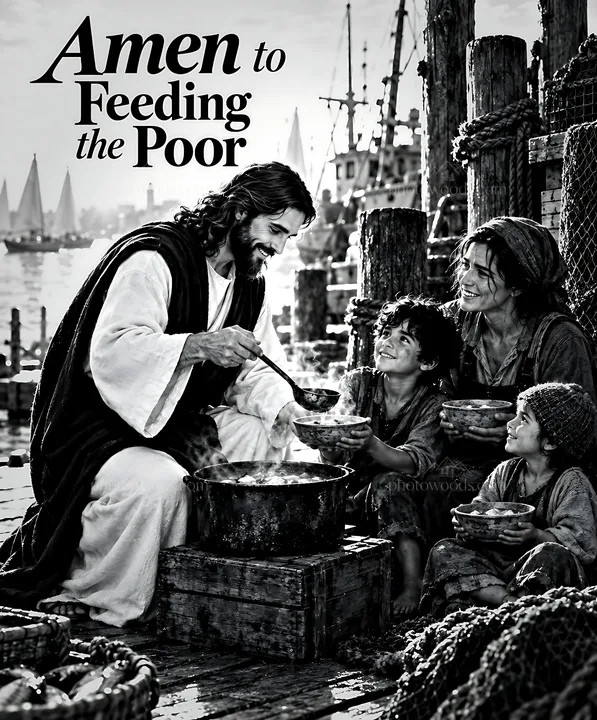 Warm food served at the harbor by a figure sharing with others - AI-generated stock image