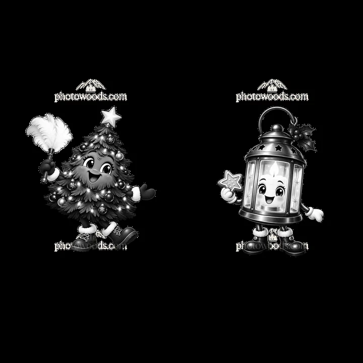 Cartoon Christmas tree and lantern characters sharing holiday joy - AI-generated stock image