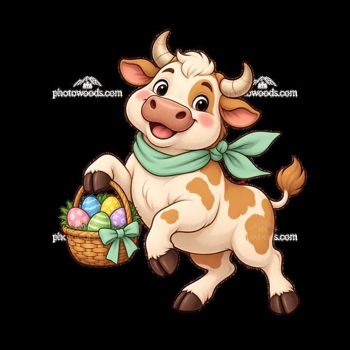 Easter ox holding a basket of colorful eggs - AI-generated stock image