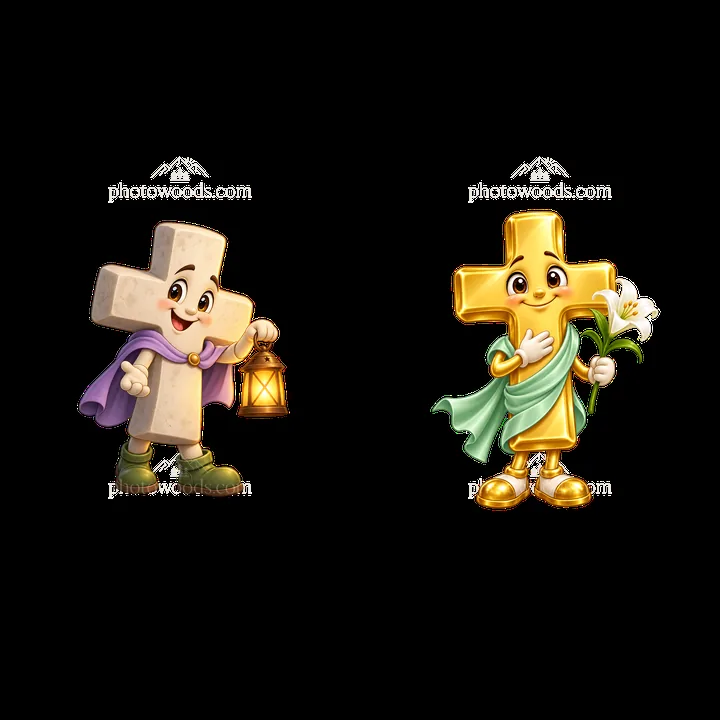 Easter cross characters holding lantern and flower in cheerful pose - AI-generated stock image