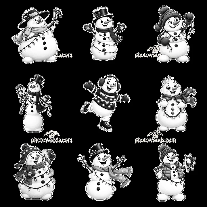 Snowman stickers with string lights in a 3x3 layout - AI-generated stock image