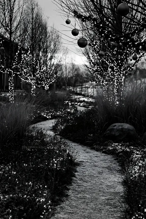 Expansive Christmas meadow with restored stones and baubles - AI-generated stock image