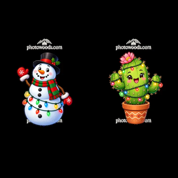 Snowman and cactus decorated with string lights - AI-generated stock image