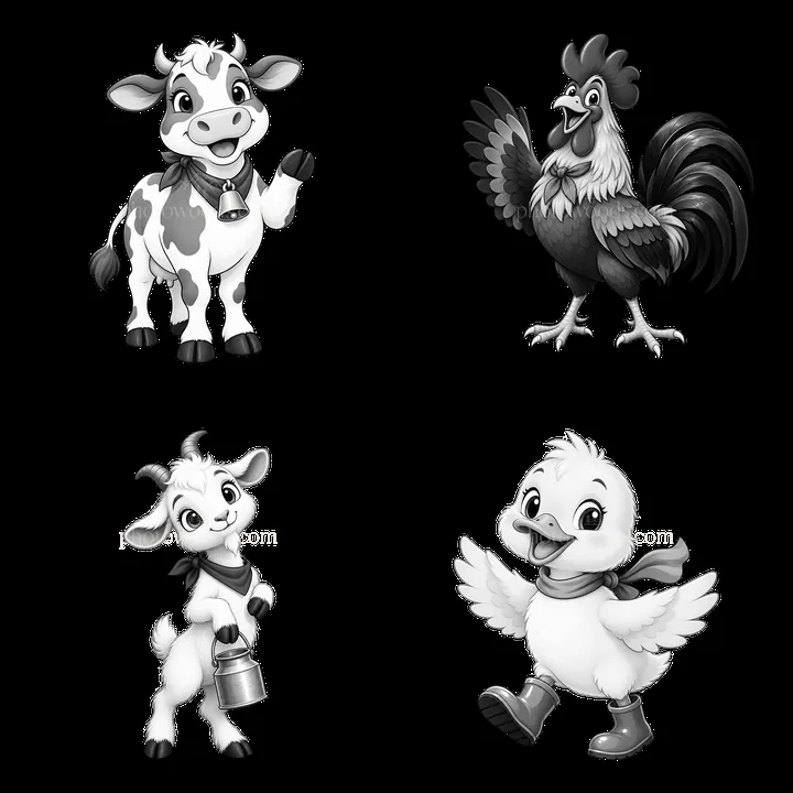Farm animals in playful poses including cow, rooster, goat, and duck - AI-generated stock image
