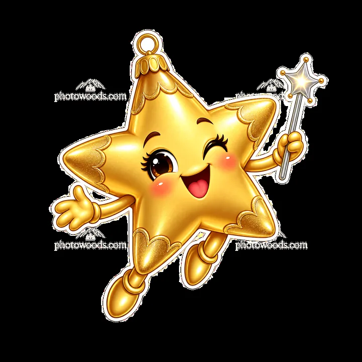 Happy golden star ornament with a magic wand for Christmas - AI-generated stock image