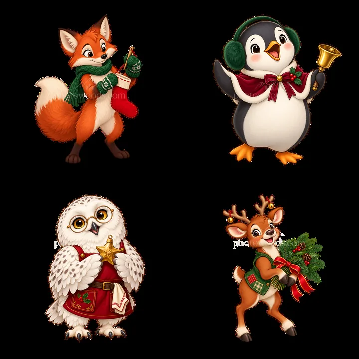 Fox, penguin, owl, and reindeer cartoon stickers for Christmas - AI-generated stock image