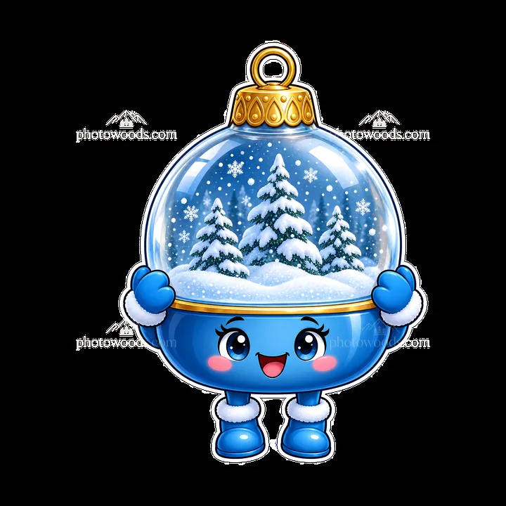 Cute blue Christmas ornament with snowy trees inside a snow globe - AI-generated stock image