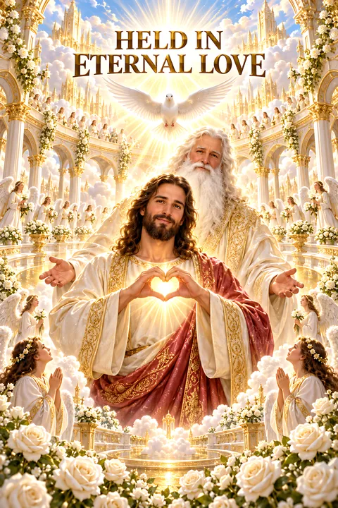 Held in eternal love with figures of faith and light - AI-generated stock image