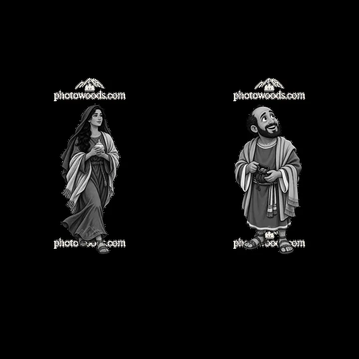 Jesus and a woman walking, wearing robes in monochrome style - AI-generated stock image