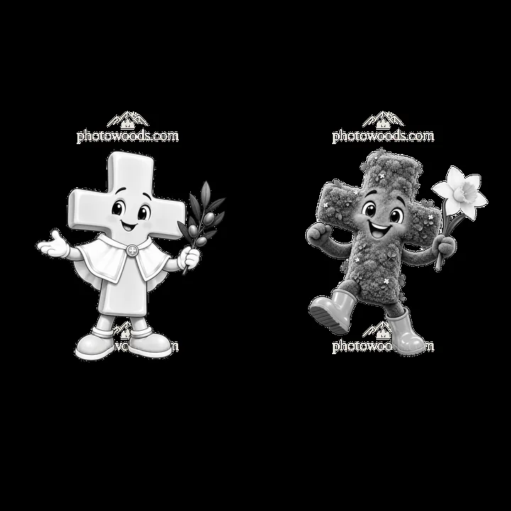 Easter cross characters holding flowers and greeting - AI-generated stock image