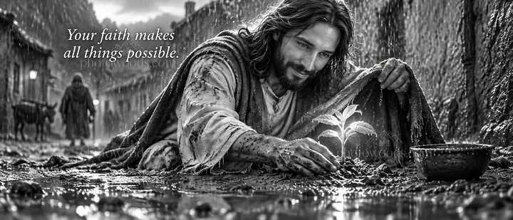 Jesus Christ planting a seed in a muddy street setting - AI-generated stock image