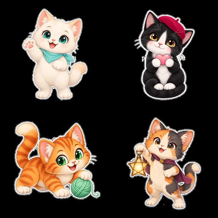Kawaii cats in playful poses with accessories in a 2x2 layout - AI-generated stock image