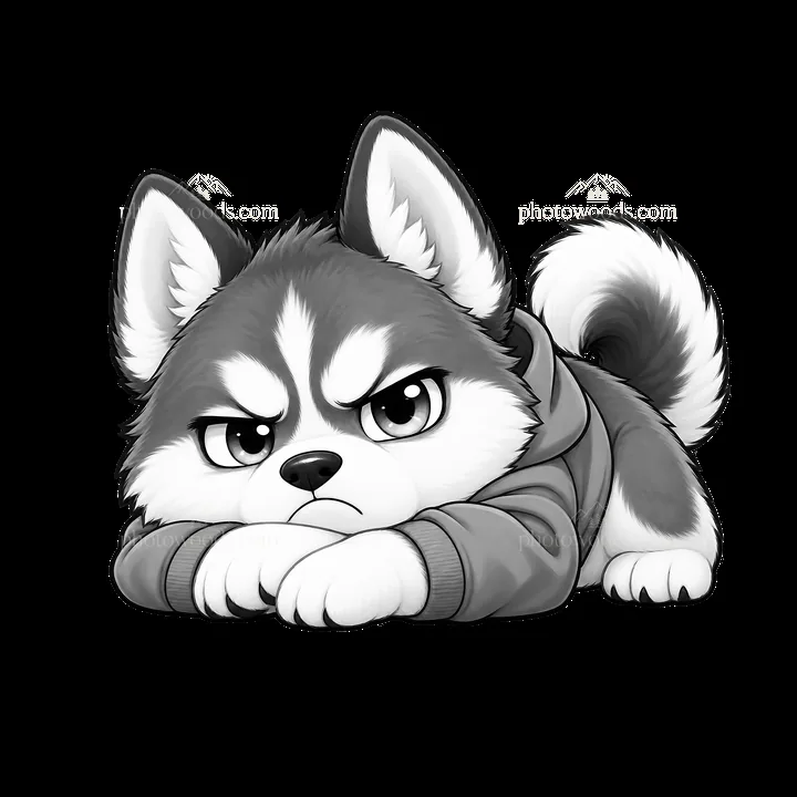 Kawaii grumpy dog lying down in a hoodie with a displeased expression - AI-generated stock image