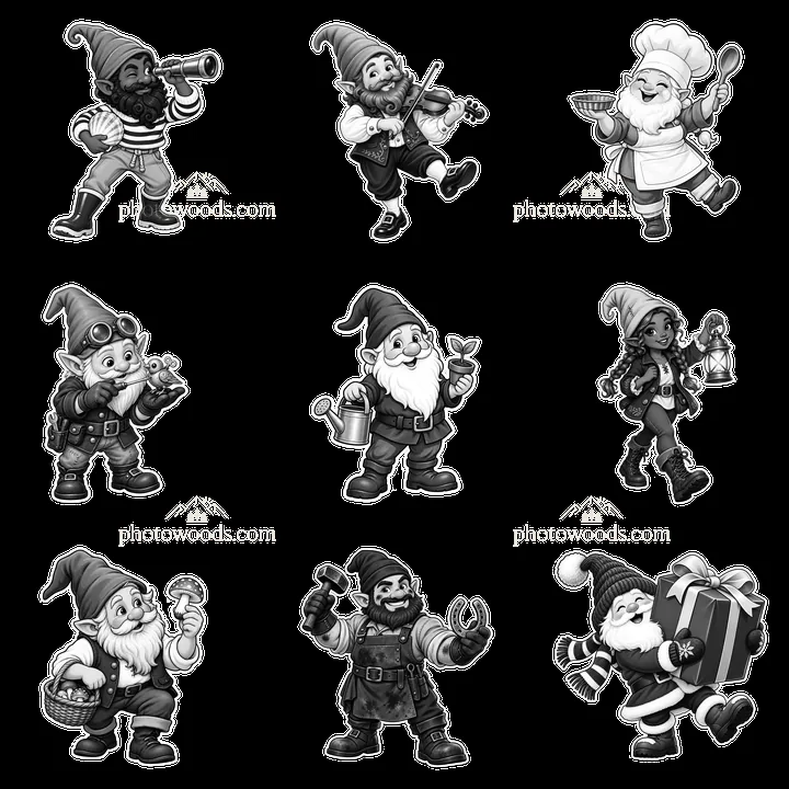 Gnomes performing various activities in black-and-white design - AI-generated stock image