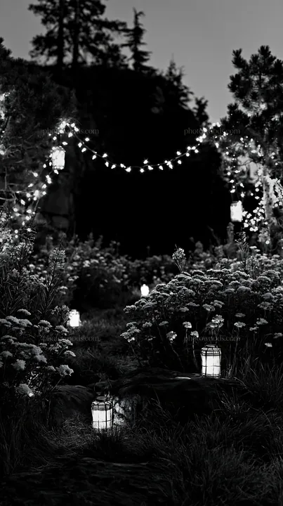 Christmas lanterns at dusk in meadow by cave - AI-generated stock image