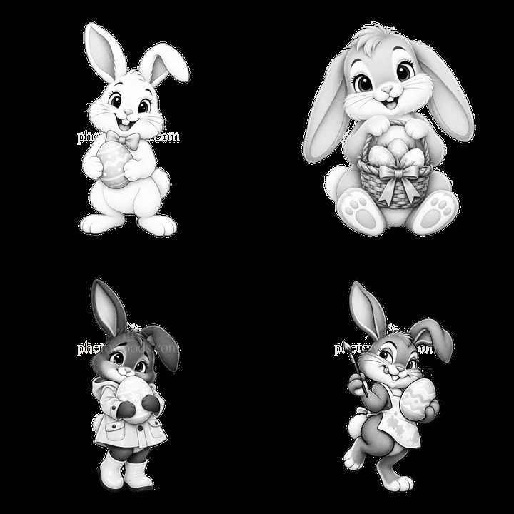 Easter bunny cartoon stickers with eggs in festive poses - AI-generated stock image