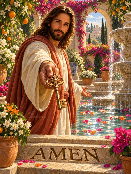 Blossom Courtyard with a figure holding a key - AI-generated stock image