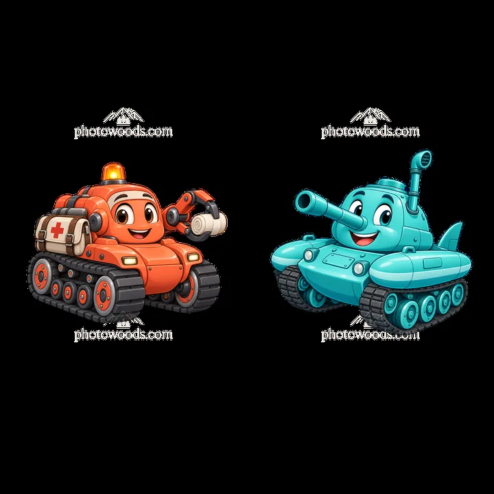 Two cartoon tanks in friendly poses with accessories - AI-generated stock image