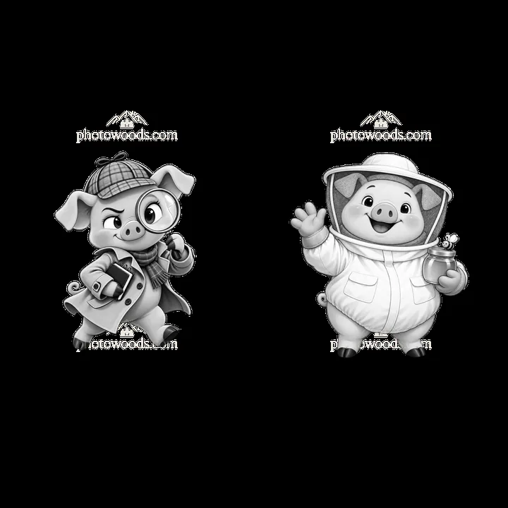 Two cartoon pigs in detective and beekeeper outfits - AI-generated stock image