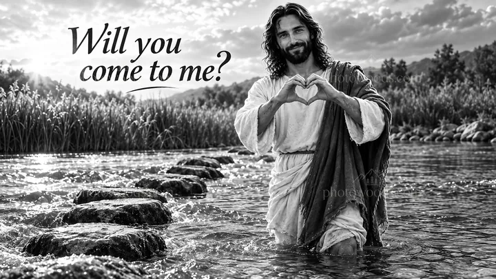 Jesus Christ invites with open arms in a river setting - AI-generated stock image