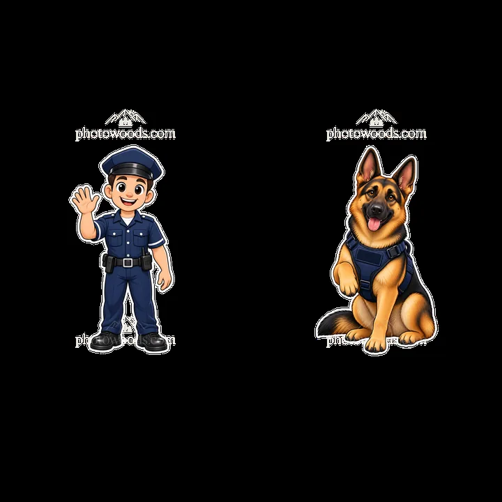 Cartoon police officer and dog sticker pair for fun designs - AI-generated stock image
