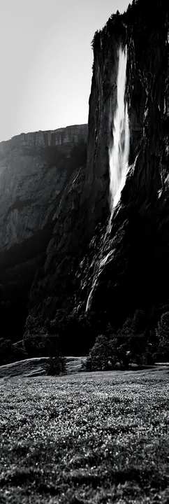 Lauterbrunnen Valley meadow with light rays and waterfall - AI-generated stock image