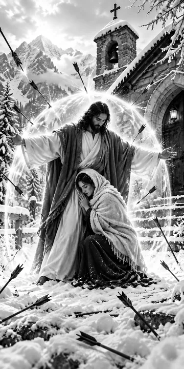 Jesus Christ comforts a suffering person in a snowy landscape - AI-generated stock image