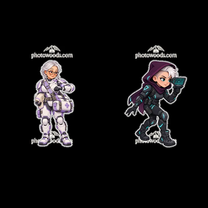 Kawaii futuristic super-soldier duo in cartoon sticker form - AI-generated stock image