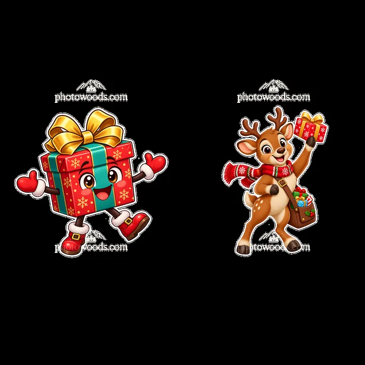 Cheerful gift box and reindeer holding Christmas presents - AI-generated stock image