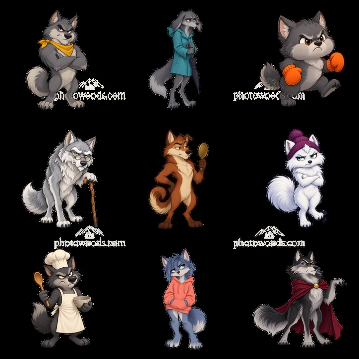 Grumpy wolf cartoon stickers in various humorous poses - AI-generated stock image