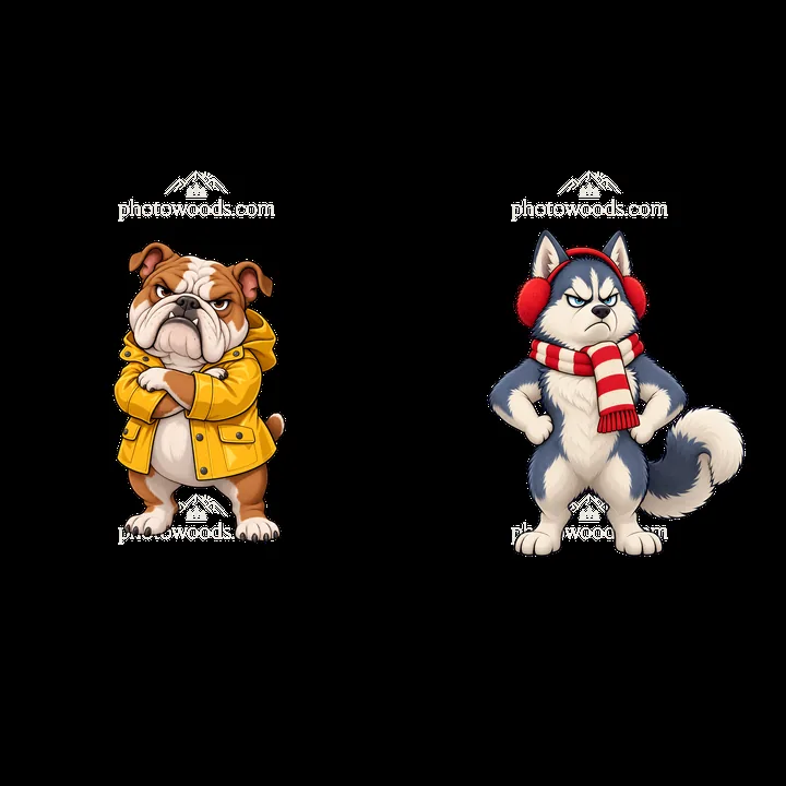 Grumpy dog duo with a bulldog in a yellow coat and husky in earmuffs - AI-generated stock image
