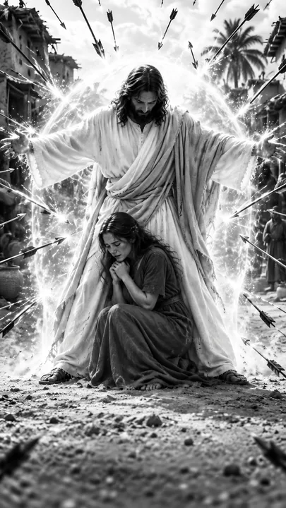 Jesus Christ protects a woman from arrows in a town setting - AI-generated stock image