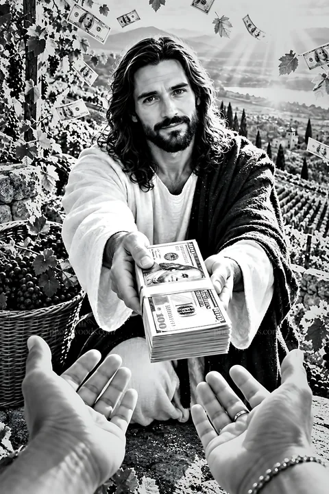 Financial exchange in a vineyard setting - AI-generated stock image