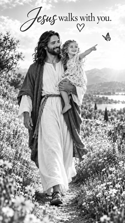 Jesus Christ walks with a child in nature - AI-generated stock image
