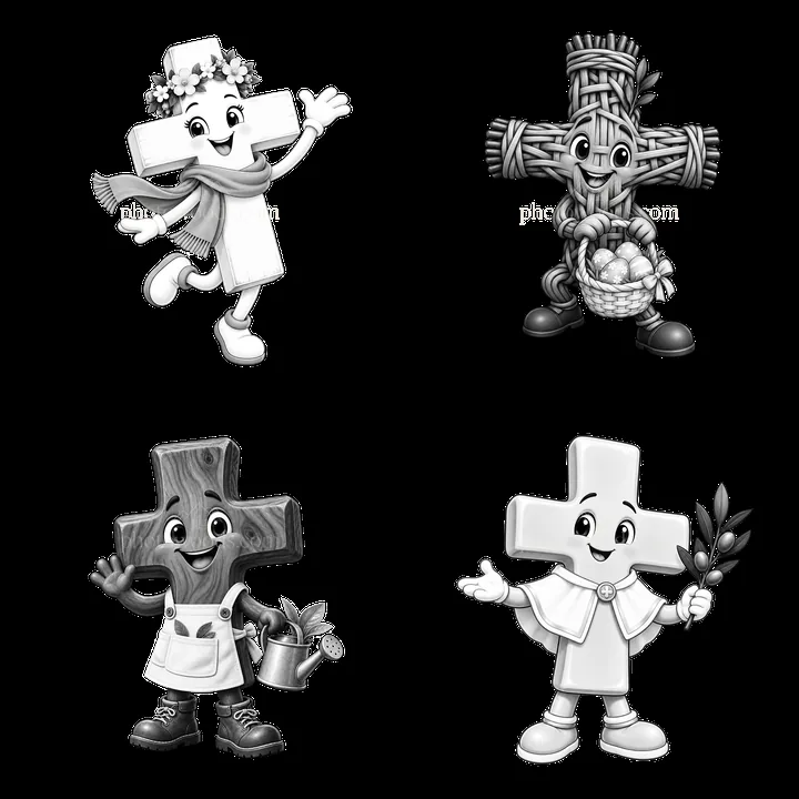 Easter cross cartoon characters in a 2x2 grid design - AI-generated stock image