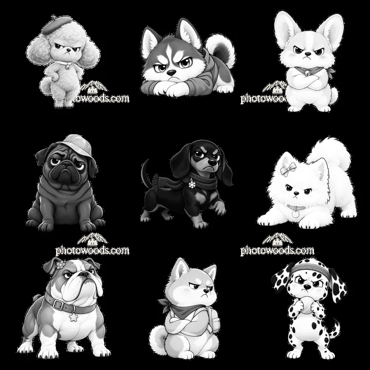Kawaii grumpy dog stickers in a 3x3 monochrome layout - AI-generated stock image