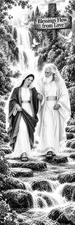 Jesus Christ walking with a woman by the flowing river - AI-generated stock image