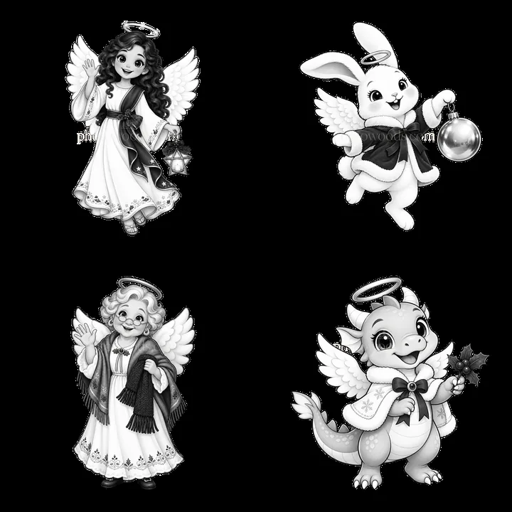 Cute Christmas angel cartoon characters in a 2x2 layout - AI-generated stock image